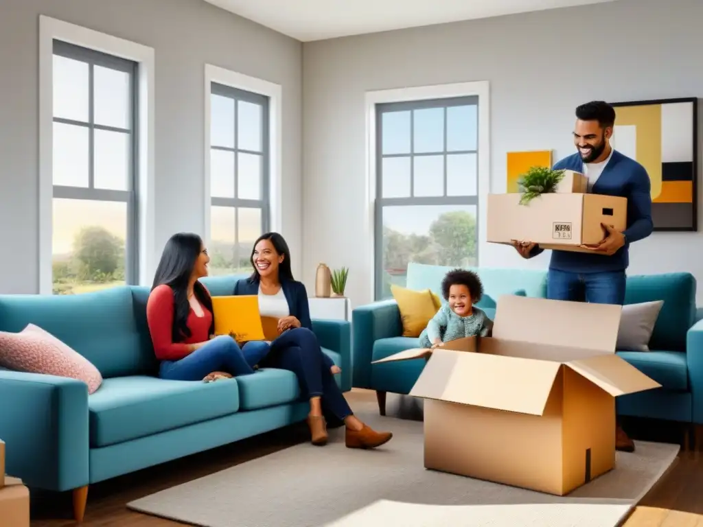Familia feliz estrenando hogar con ilusión y planificación detallada Una familia joven se muda a su primera casa con 'recuerdos' e 'ilusiones' en cajas
