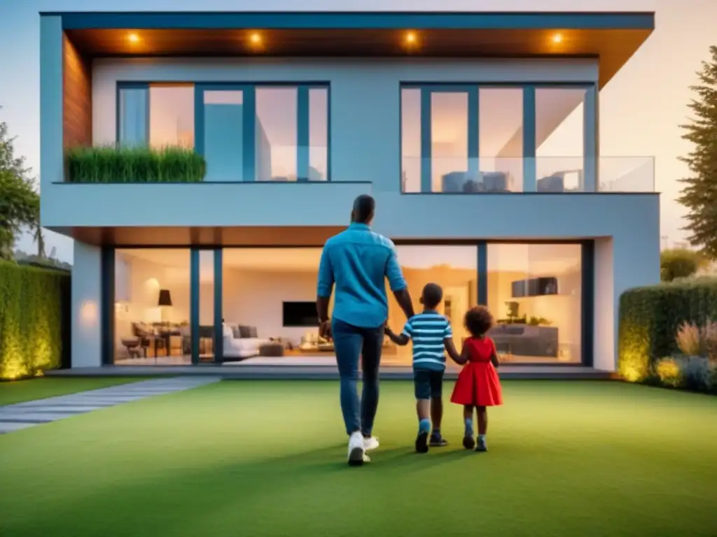Familia feliz en casa moderna: felicidad y éxito en 8k Una familia joven sonríe frente a su primera vivienda moderna, rodeados de felicidad y sueños cumplidos