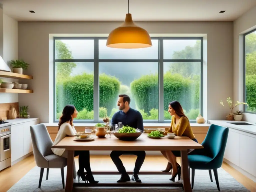 Cena familiar en cocina moderna y luminosa Una familia moderna disfruta de una comida en su cocina luminosa y espaciosa, rodeados de muebles contemporáneos y vistas al jardín