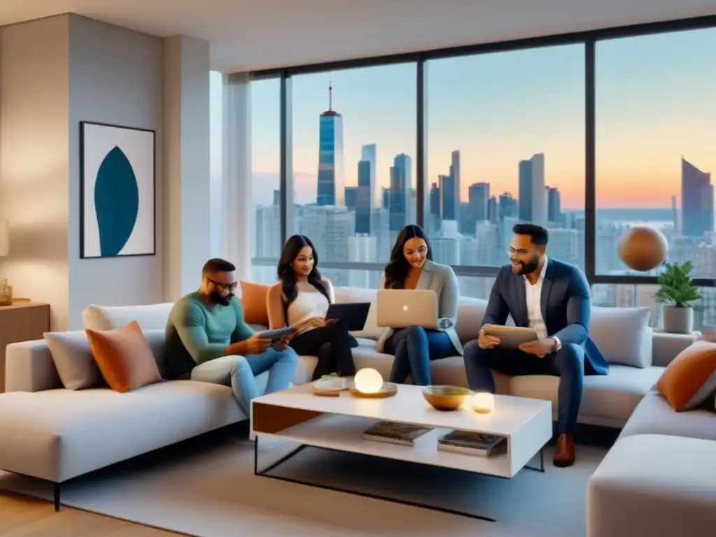 Familia diversa en apartamento urbano: convivencia contemporánea Una familia moderna y diversa disfruta tiempo juntos en un apartamento urbano, reflejando tendencias demográficas en REITs