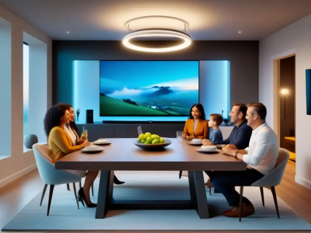 Vida familiar digital en hogar inteligente de última generación Una familia moderna interactúa con la tecnología en su hogar inteligente