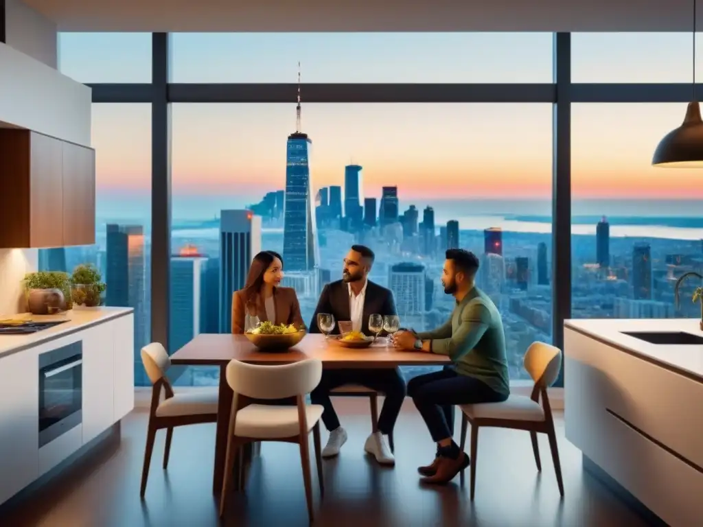 Escena familiar multicultural en cocina contemporánea Una familia multigeneracional en una cocina contemporánea, con vista a la ciudad al anochecer, representa preferencias inmobiliarias familiares internacionales