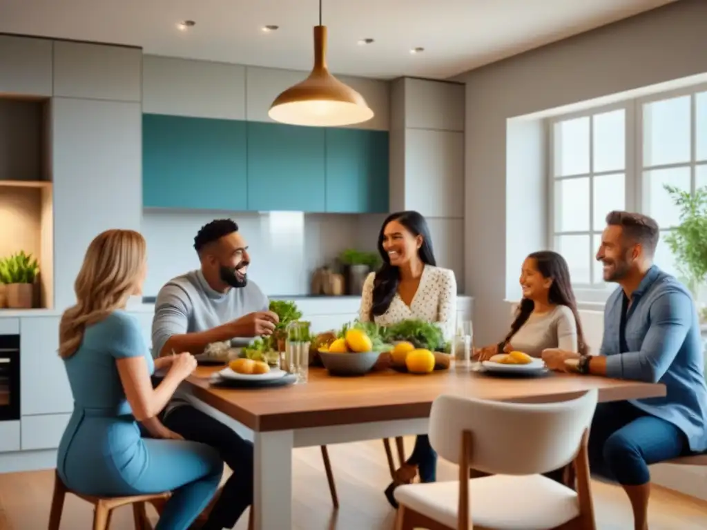 Reunión familiar en cocina moderna y luminosa Una familia multigeneracional disfruta de una comida en una cocina amplia y soleada, reflejando la tendencia familias multigeneracionales inmobiliario