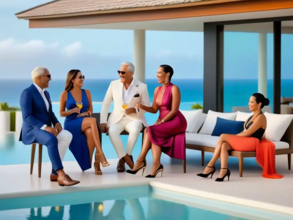 Reunión familiar de lujo al atardecer en resort de tiempo compartido Una familia multigeneracional disfruta de una lujosa fiesta al atardecer en un resort de tiempo compartido de lujo