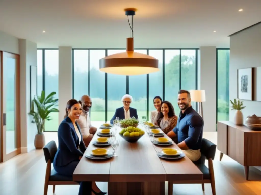 Reunión familiar en ambiente moderno con toques tradicionales Una familia multigeneracional se reúne en una mesa de madera, fusionando tradiciones familiares con una selección de propiedades impactante