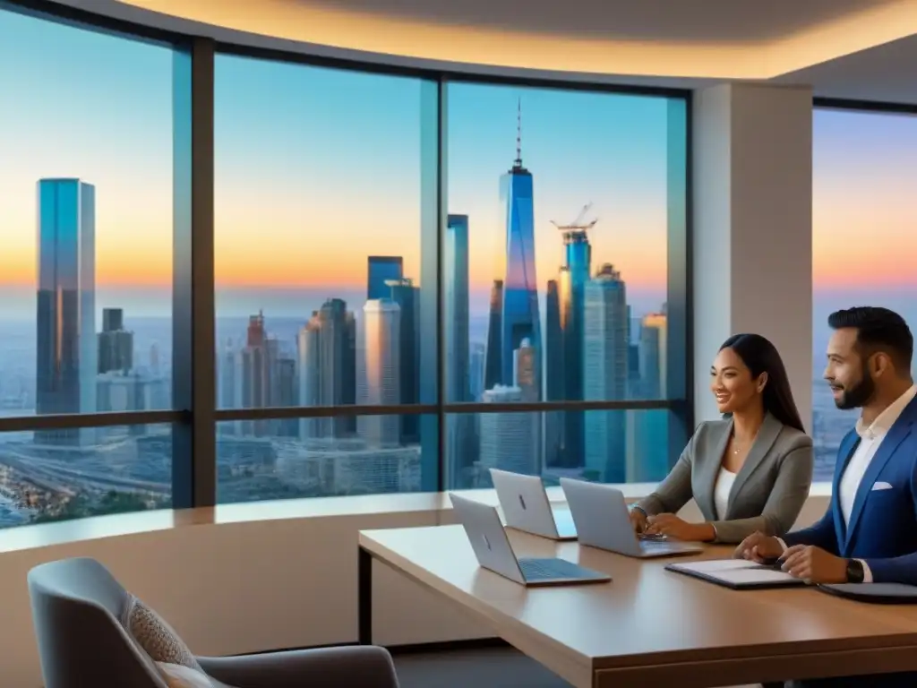 Familias expatriadas exploran propiedades en oficina moderna Familias expatriadas exploran tendencias del mercado inmobiliario en oficina moderna