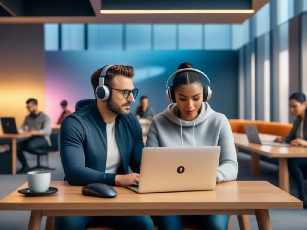 Coworking familiar futurista con tecnología de vanguardia Familias nómadas digitales en mercado inmobiliario, colaborando en espacio coworking futurista