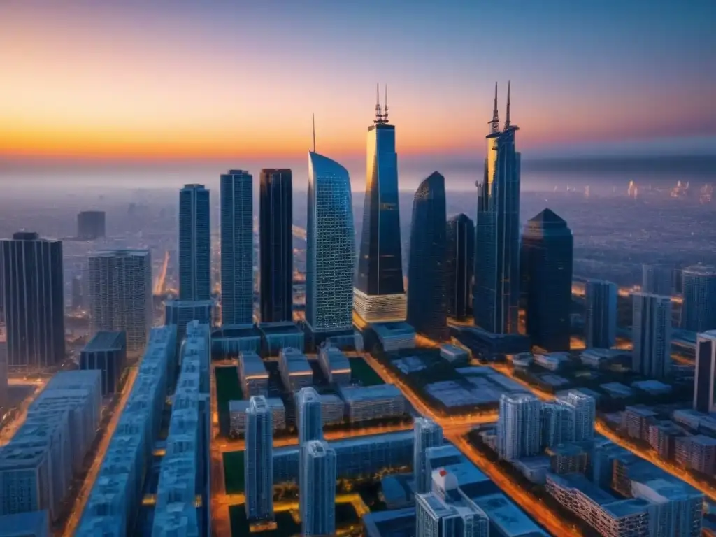 Esplendor urbano: atardecer en la ciudad Fascinante ciudad al atardecer con modernos rascacielos reflejando el sol, mostrando el avance urbanístico