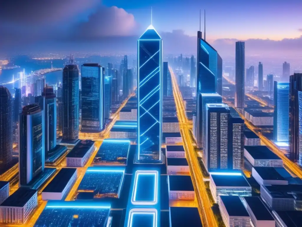 Metrópolis futurista con blockchain: eficiencia inmobiliaria Fascinante ciudad futurista de noche con rascacielos iluminados por luces neón, integrando tecnología blockchain en inversión inmobiliaria
