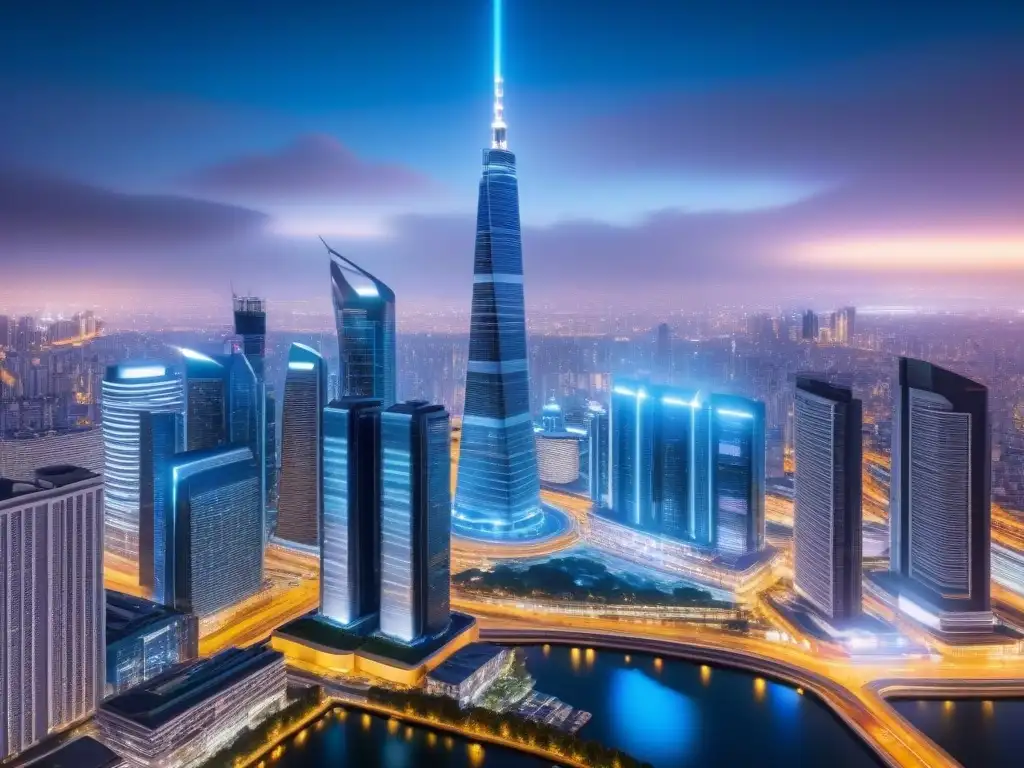 Metrópolis futurista: IA y mercado inmobiliario Fascinante ciudad futurista de noche con inteligencia artificial en mercado inmobiliario