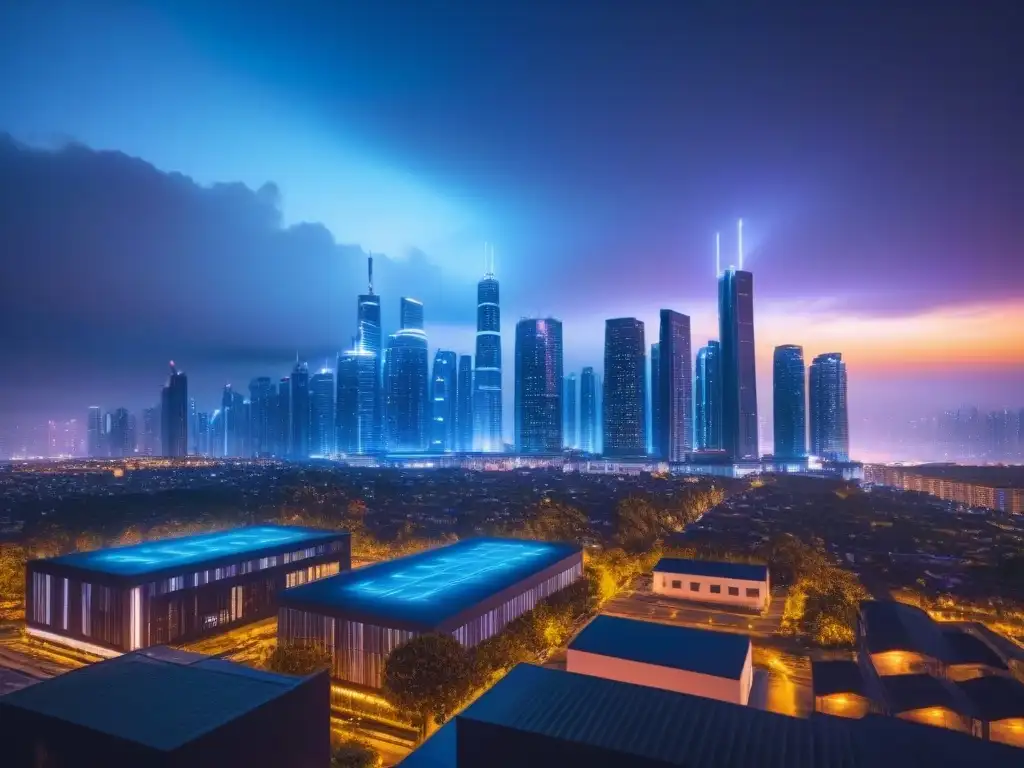 Metrópolis futurista: drones AI vigilan por fraude inmobiliario Fascinante ciudad futurista de noche con rascacielos iluminados por luces neón y drones de vigilancia AI