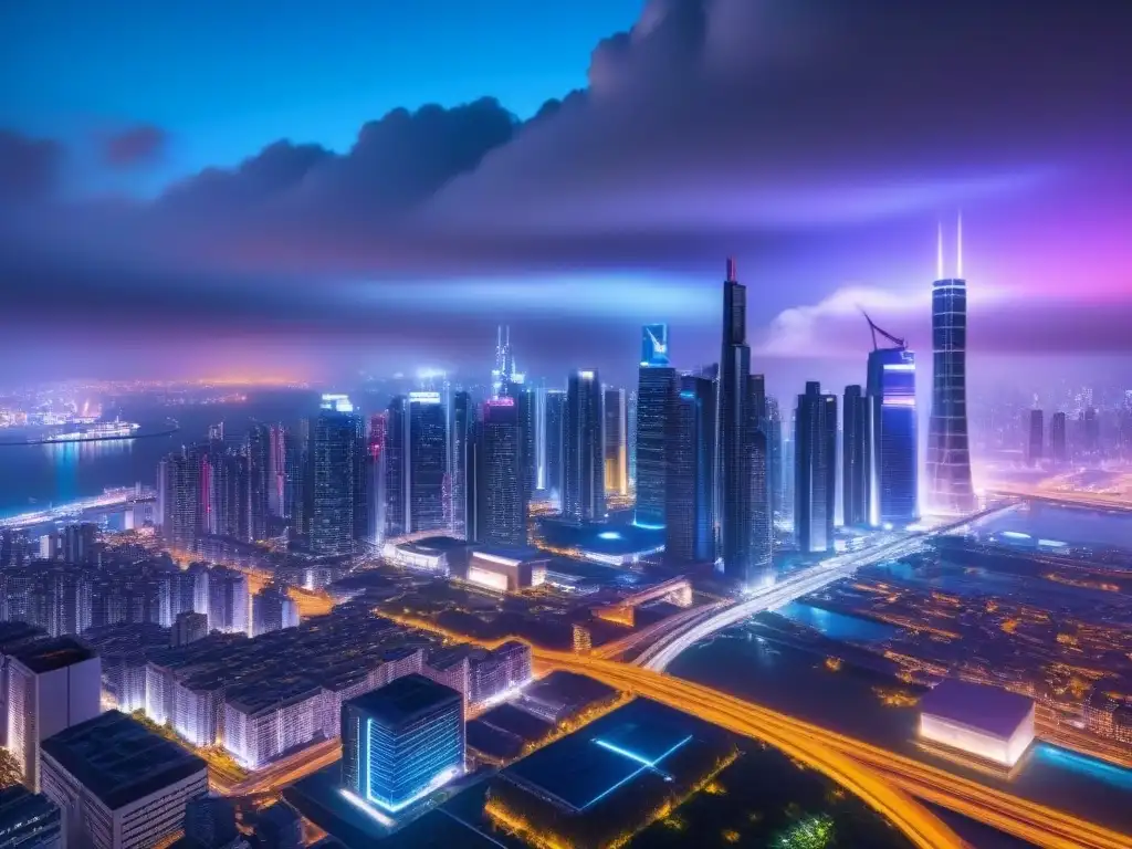 Metrópolis futurista en 8k: luces neón y tecnología avanzada Fascinante ciudad futurista de noche con rascacielos iluminados por luces de neón, reflejando la inversión comercial global secretos ocultos