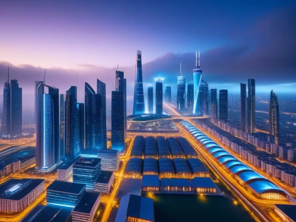 Metrópolis futurista: evolución de la seguridad en bienes raíces Fascinante ciudad futurista de noche con normativas seguridad desarrollo inmobiliario global