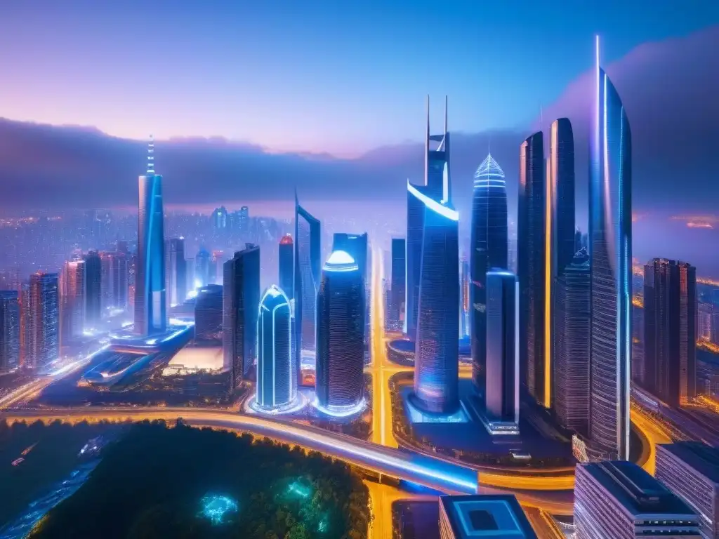 Futurismo nocturno: Ciudad 5G con arquitectura vanguardista y luces neón Fascinante ciudad futurista de noche, destacando la tecnología 5G en mercado inmobiliario