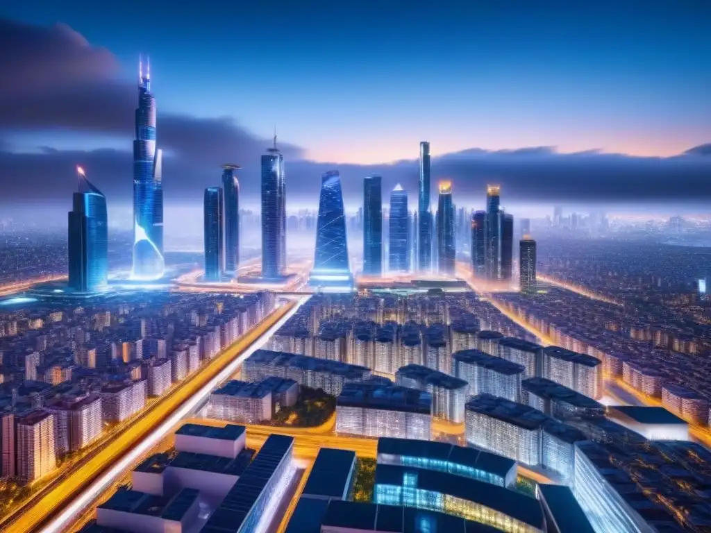 Futurista metrópolis nocturna: luces y tecnología avanzada Fascinante ciudad futurista nocturna con rascacielos iluminados y calles llenas de vehículos autónomos
