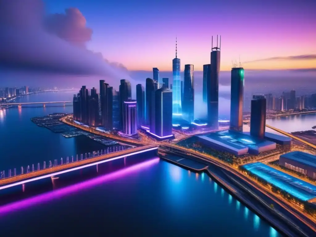 Futurismo nocturno: Ciudad neón en 8k Fascinante ciudad futurista nocturna con rascacielos iluminados por luces de neón, reflejados en río