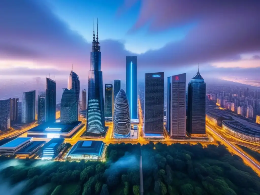 Skyline futurista: innovación en inversiones inmobiliarias Fascinante ciudad futurista al anochecer con rascacielos iluminados y drones, reflejando tecnología en inversión inmobiliaria futura