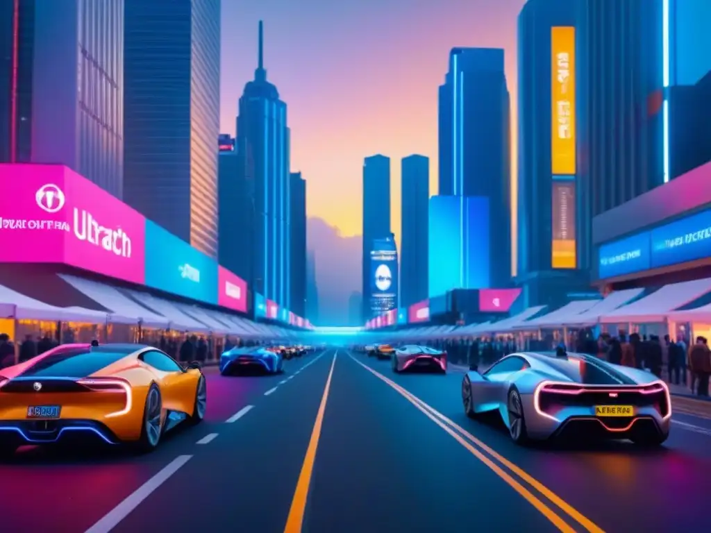 Metrópolis futurista: inversión inmobiliaria con tecnología de vanguardia Fascinante ciudad futurista al anochecer con rascacielos iluminados por luces de neón, autos eléctricos autónomos y tecnología holográfica