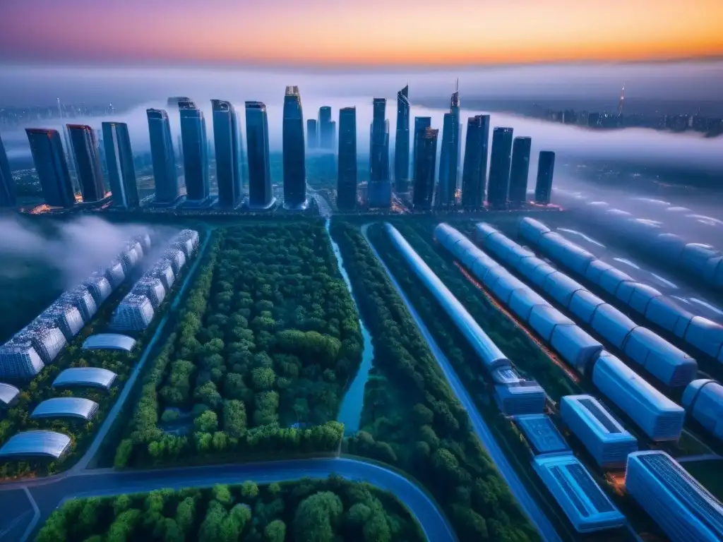 Metrópolis futurista: luces y modernidad en la ciudad del mañana Fascinante ciudad futurista al anochecer, con rascacielos relucientes y luces de la metrópolis