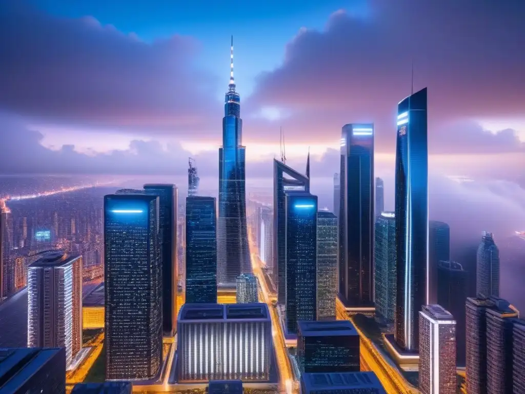 Metrópolis futurista con datos inmobiliarios en tiempo real Fascinante ciudad futurista con rascacielos, pantallas digitales y drones, mostrando Big Data comportamiento comprador inmobiliario