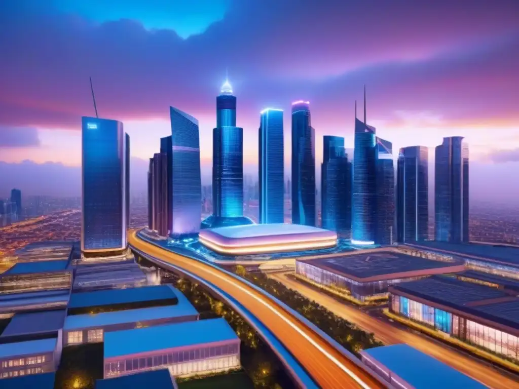 Metrópolis futurista: luces y tecnología en alta definición Fascinante ciudad futurista al anochecer con tecnología avanzada y vida urbana moderna