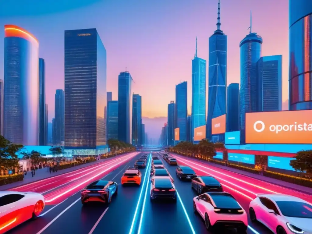 Metrópolis futurista: innovación tecnológica en el sector inmobiliario Fascinante ciudad futurista al anochecer con tecnología avanzada y 'Oportunidades inmobiliarias en crisis'