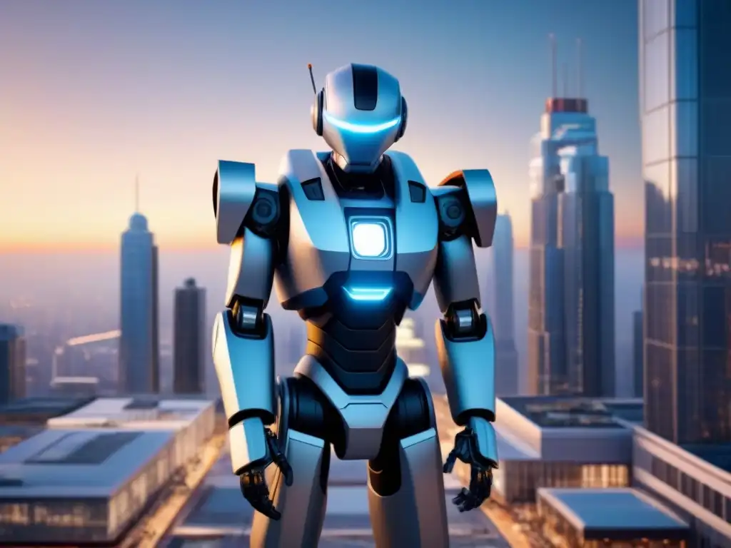 Construcción futurista en ciudad norteamericana: robots y humanos trabajando juntos en un rascacielos moderno Fascinante escena futurista en una obra, robots y humanos construyen rascacielos