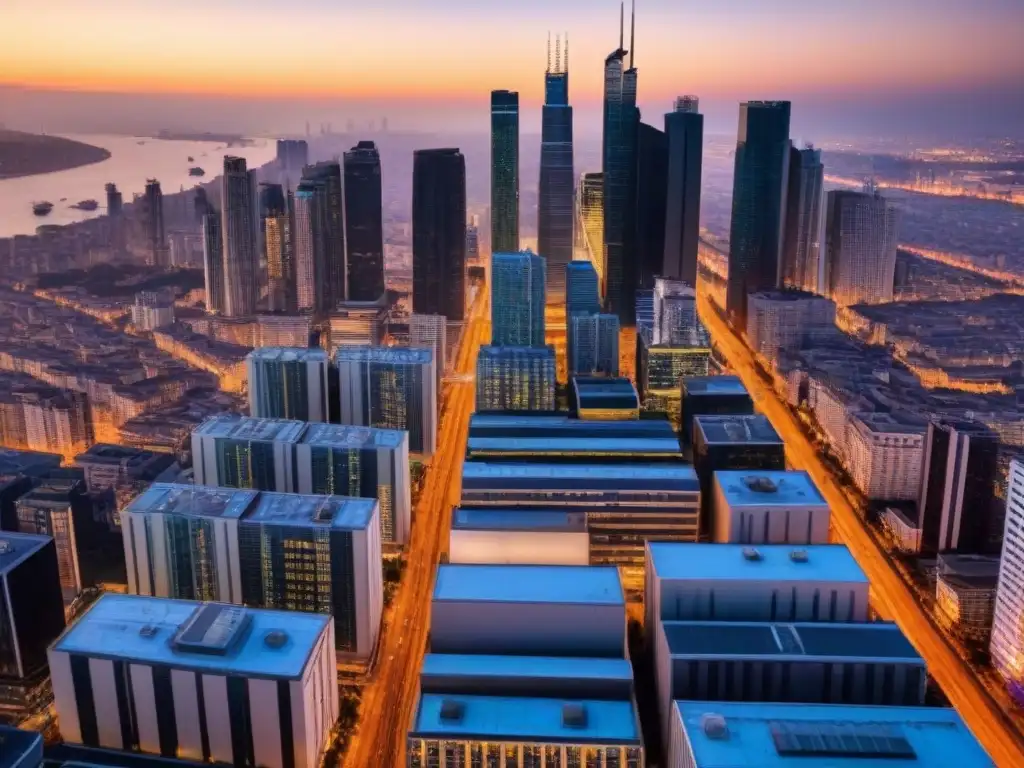 Espectacular vista aérea de la metrópolis al atardecer Fascinante fusión urbana de modernos rascacielos iluminados por luces brillantes en la ciudad al anochecer