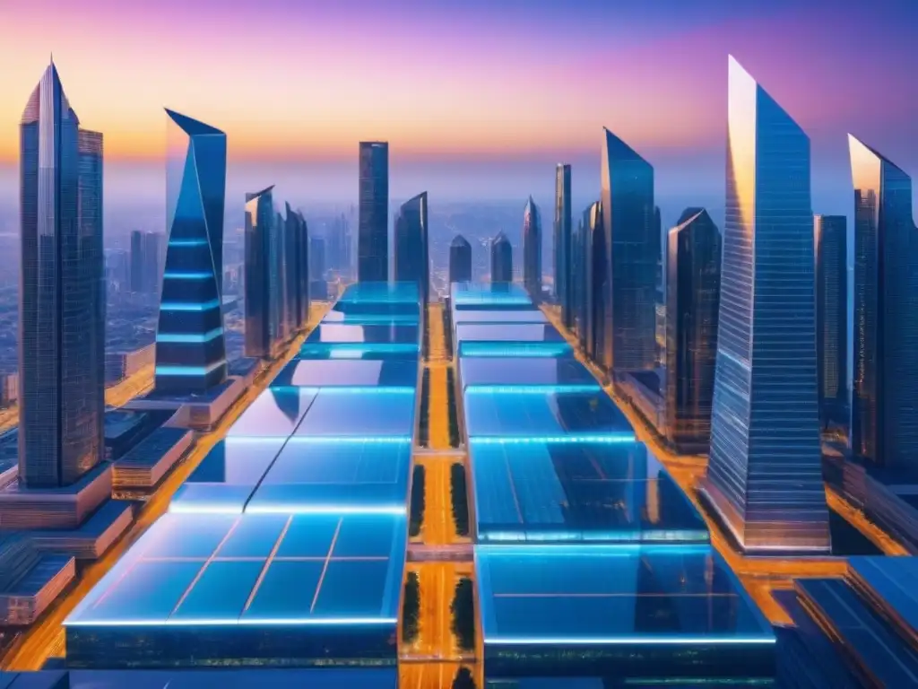 Inversión en Real Estate con Ethereum: Futurista Ciudad 8k Fascinante metrópolis futurista con rascacielos de vidrio y acero, reflejando colores vibrantes del atardecer
