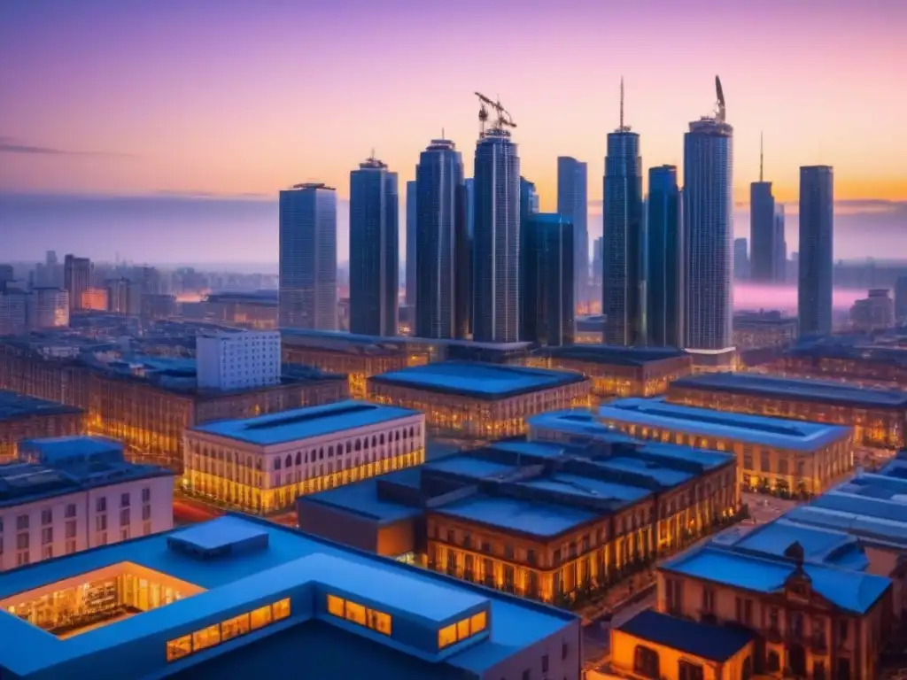 Skyline urbano vibrante al anochecer: luces y diversidad en la ciudad Fascinante panorama urbano al anochecer con los mejores mercados inmobiliarios internacionales 2023