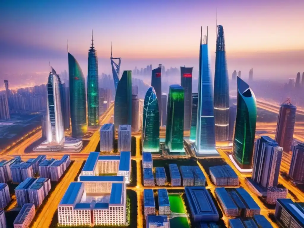 Horizonte futurista: ciudad global en atardecer Fascinante panorámica de una ciudad futurista al anochecer, con rascacielos modernos iluminados por una cálida y etérea luz