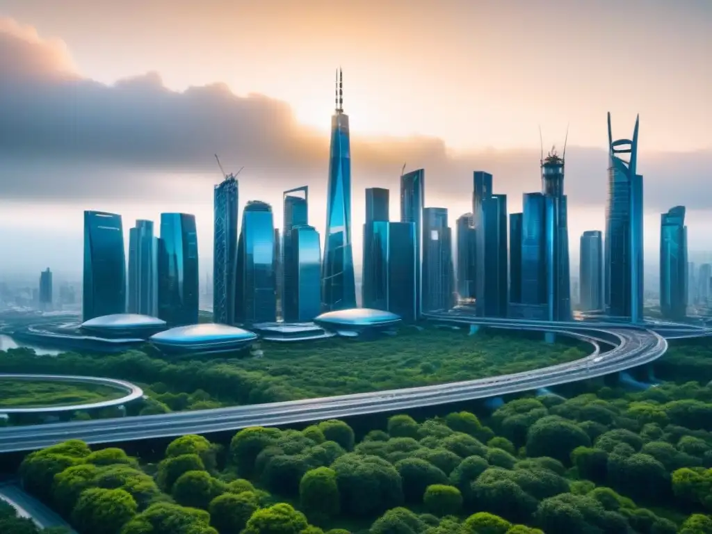 Horizonte futurista: ciudad sostenible y vanguardista en 8k Fascinante skyline futurista con rascacielos vanguardistas y naturaleza exuberante, ideal para inversionistas globales bienes raíces internacionales