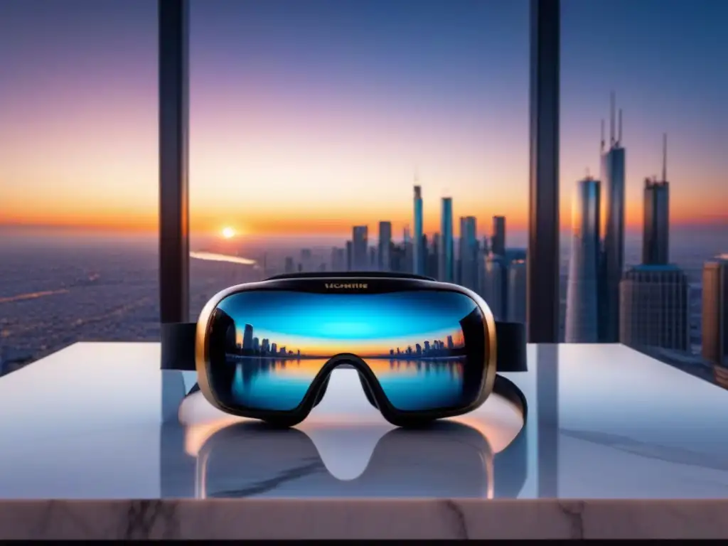 Realidad virtual inmobiliaria de lujo: Visita virtual 3D Fascinante visión de Realidad Virtual en Bienes Raíces con lujoso auricular en mármol y rascacielos futuristas al atardecer