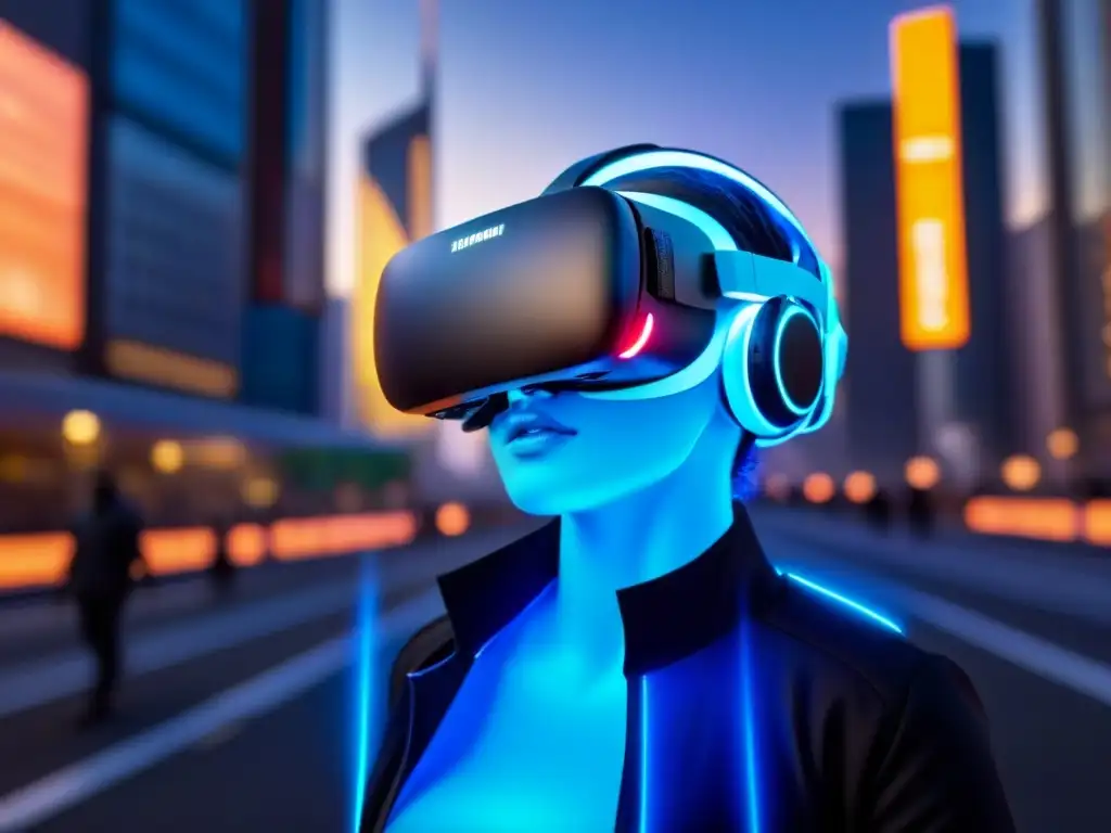 Headset de Realidad Virtual AI Futurista en la Ciudad Un fascinante visor de realidad virtual con IA en un paisaje urbano futurista