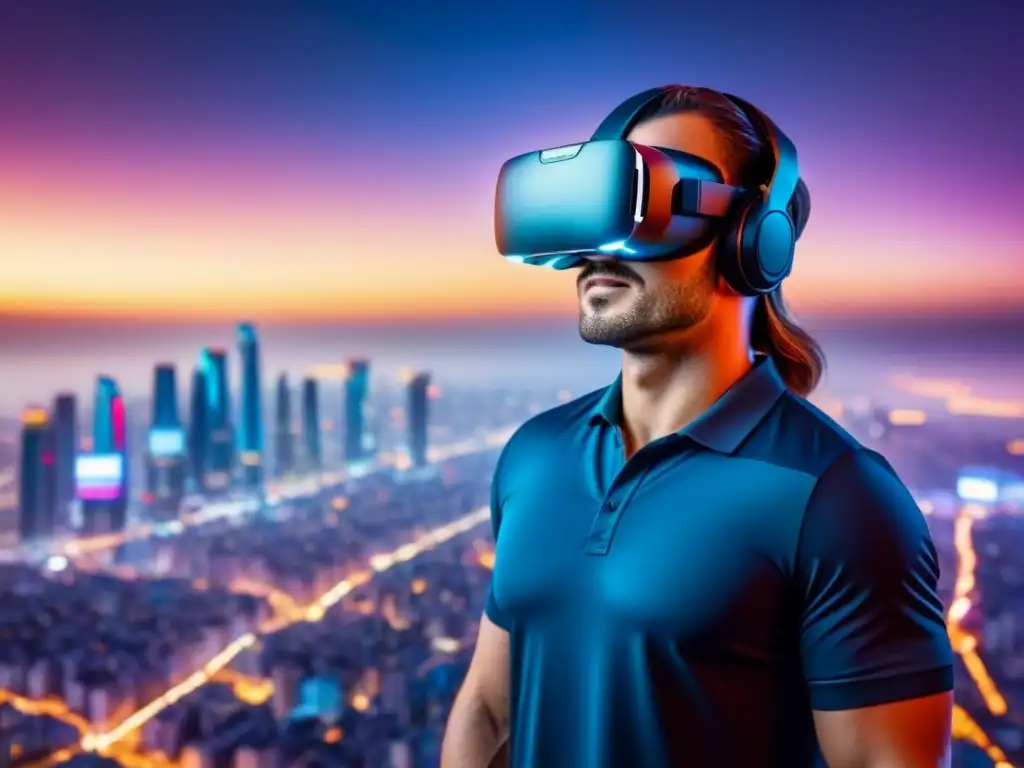 Realidad virtual: Futuro inmobiliario global Un fascinante visor de realidad virtual en un mapa global iluminado por luces de ciudad, integrando la tecnología en inversiones inmobiliarias
