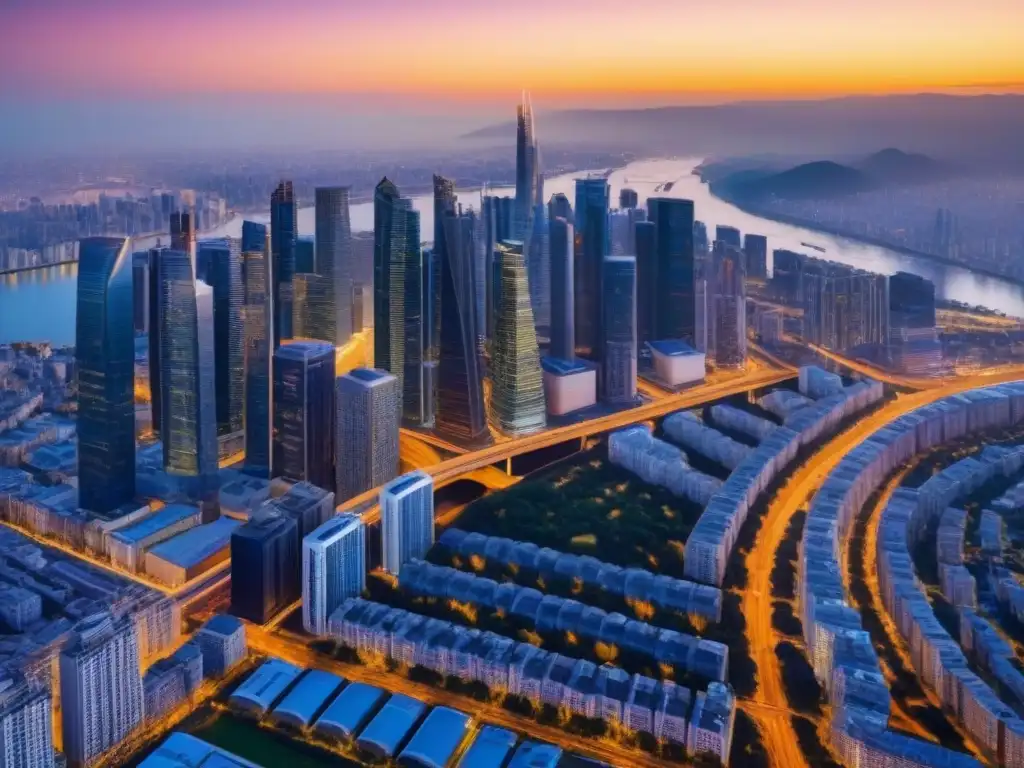 Paisaje urbano: modernos rascacielos al atardecer Fascinante vista aérea de una ciudad moderna con rascacielos, reflejando el atardecer