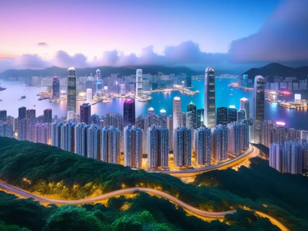 Microapartamentos en Hong Kong: Vista aérea impresionante Fascinante vista aérea de microviviendas en Hong Kong, con moderno paisaje urbano iluminado