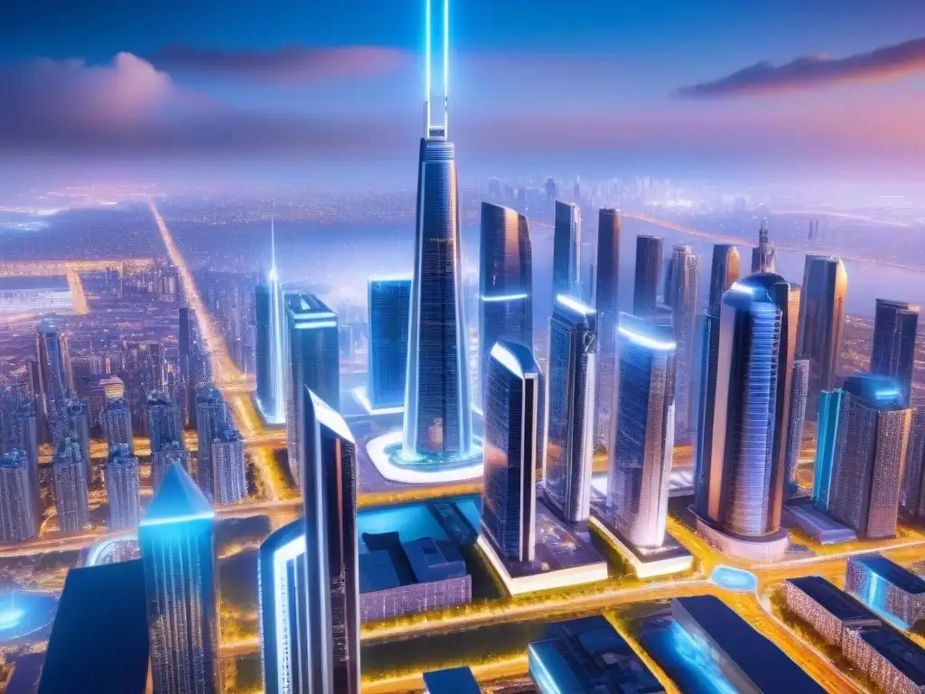 Metrópolis futurista: tecnología avanzada en bienes raíces Fascinante vista de ciudad futurista, integrando tecnología avanzada y rascacielos modernos iluminados con luces de neón
