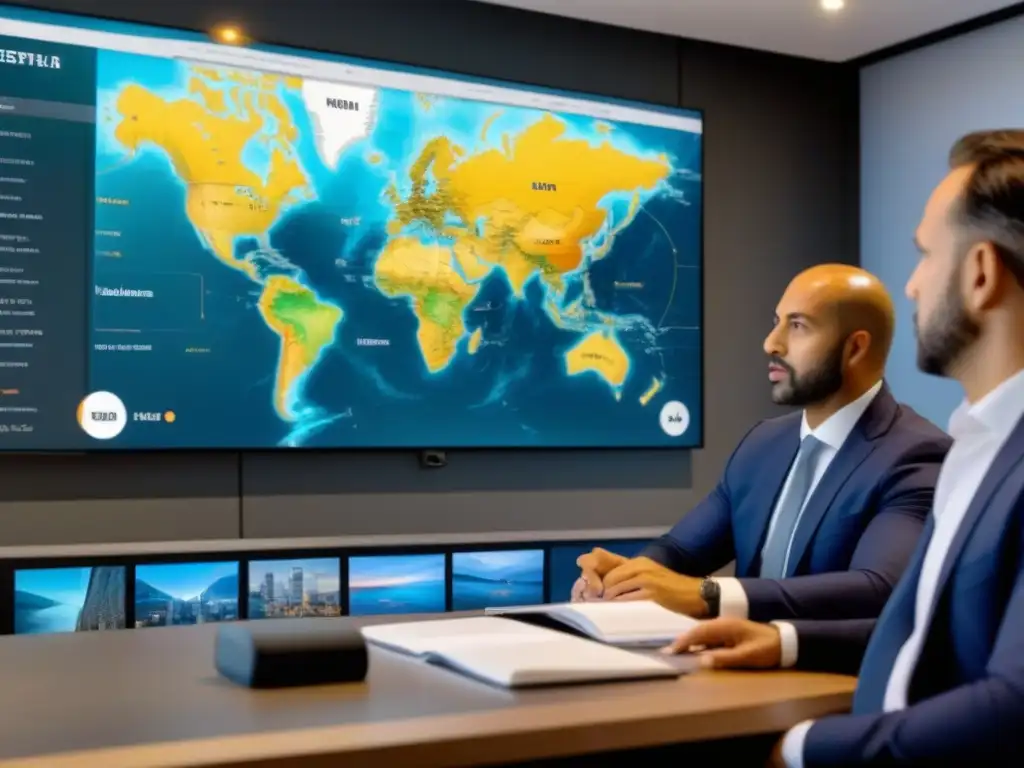 Inversores inmobiliarios internacionales en webinar estratégico Un fascinante webinar para inversores inmobiliarios internacionales, con mapa global y participantes enfocados tomando notas