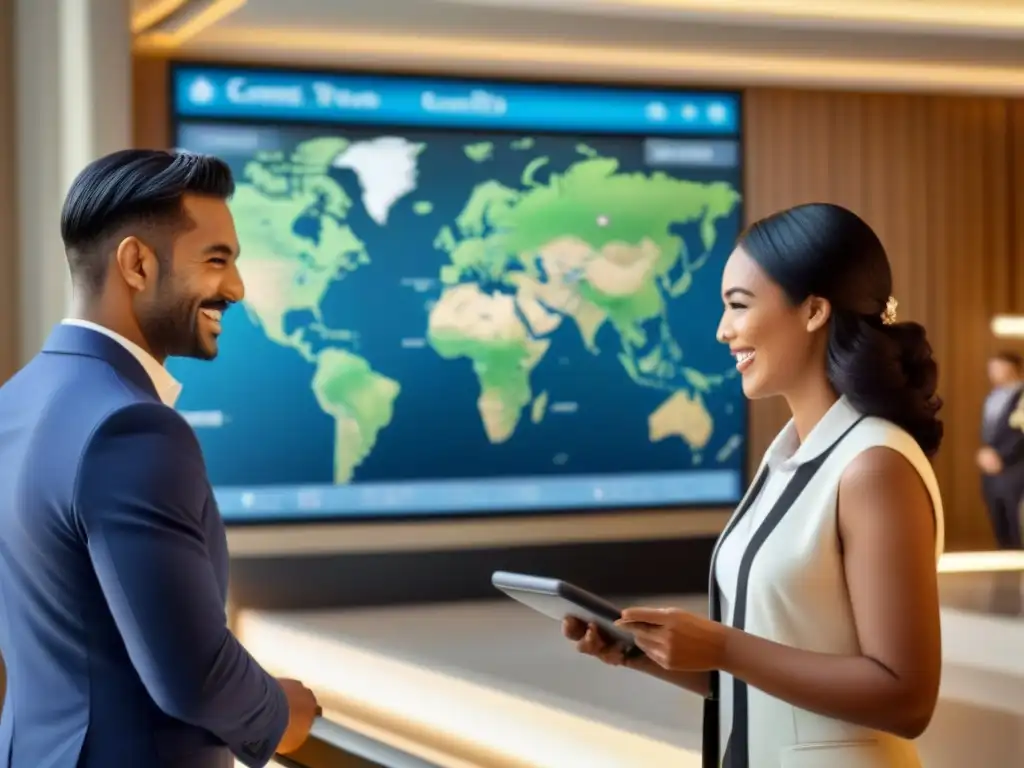 Experiencia de hotel de lujo: huéspedes internacionales sonrientes con conserje Fidelización de clientes huéspedes internacionales en lujoso hotel, ambiente cálido y conectado