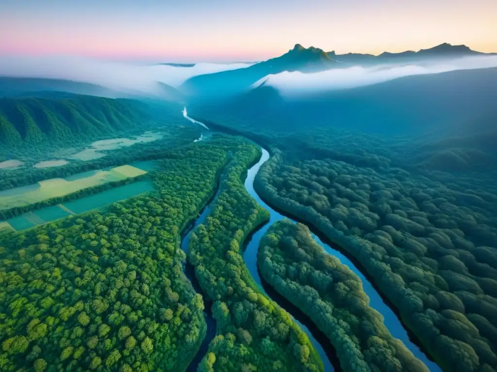 Paraíso verde: tierras vírgenes entre montañas y arroyos Financiación creativa terrenos sin desarrollar: Hermosa vista aérea de tierra virgen rodeada de bosques, colinas y un arroyo, bajo cielo azul