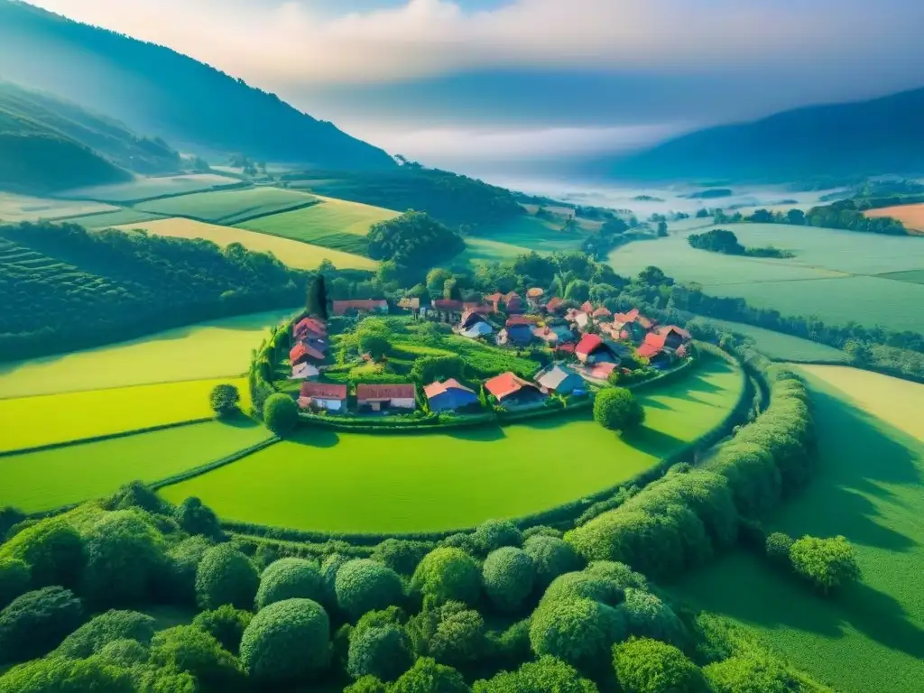 Inversiones inmobiliarias: encanto rural en América del Norte Financiación para proyectos inversores en zonas rurales: paisaje rural verde con casas encantadoras y bosques exuberantes bajo cielo azul