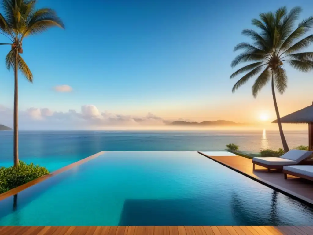 Piscina infinita de lujo en isla privada con atardecer dorado Financiamiento creativo para proyectos inmobiliarios en piscina infinita de lujo con vista al mar turquesa al atardecer en isla privada