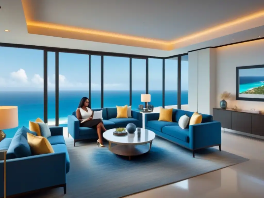 Acuerdo de timeshare en sala de lujo con vista al mar Firma de contrato en lujoso salón con vista al mar, transmitiendo éxito en cierre de venta tiempo compartido