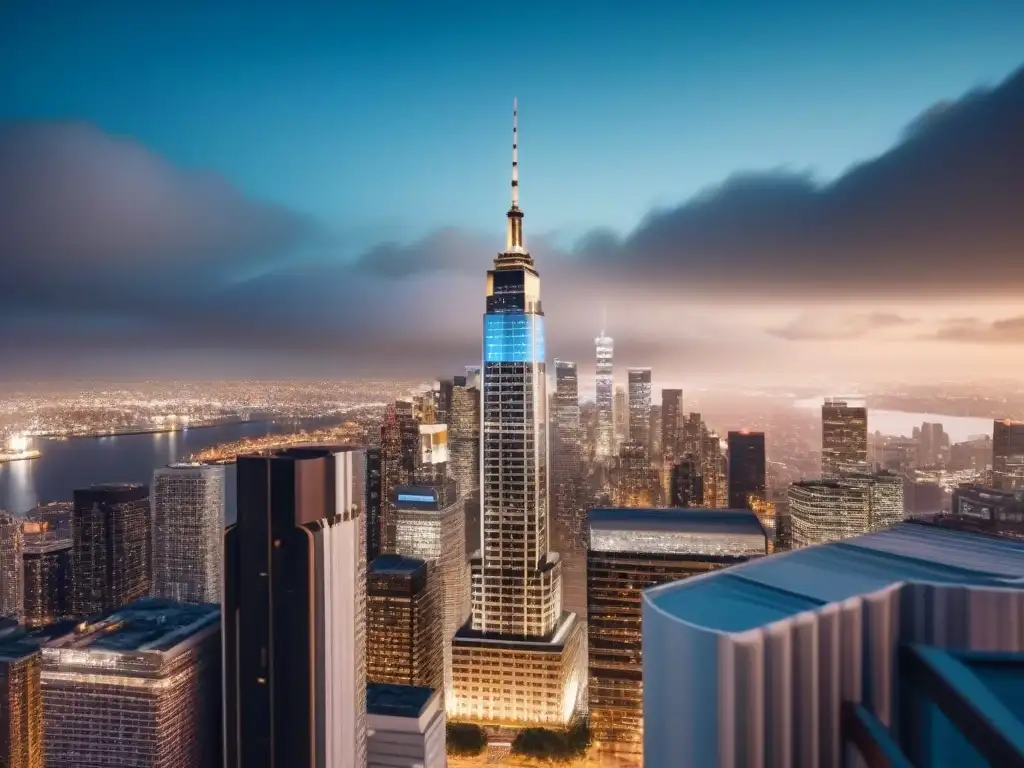 Rascacielos de cristal iluminado en ciudad nocturna Fondos inversión inmobiliaria internacional: Rascacielos de vidrio iluminado en la vibrante ciudad nocturna