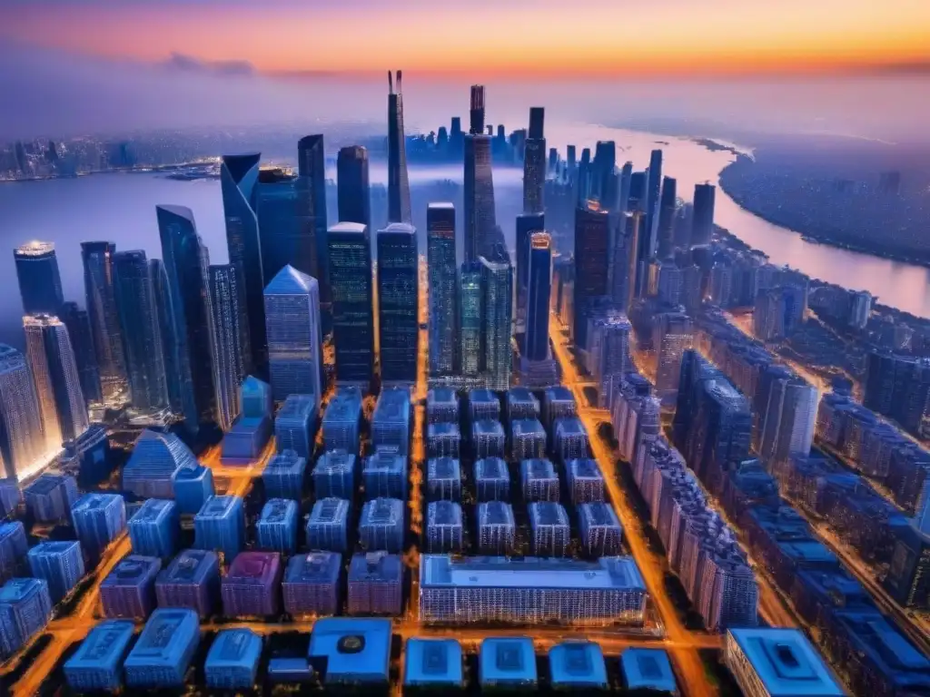 Oportunidades de inversión inmobiliaria global: skyline urbano al atardecer Fondos inversión inmobiliaria internacional: Vista aérea de una ciudad vibrante al anochecer, con modernos rascacielos y luces brillantes