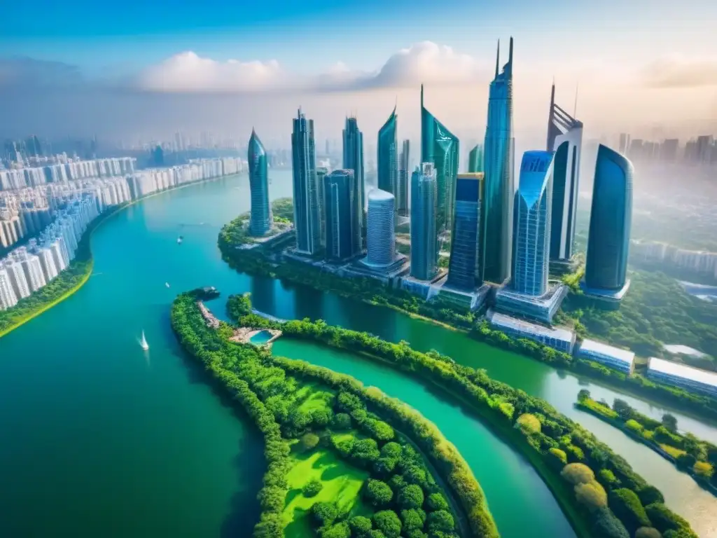 Espléndida panorámica urbana: inversión inteligente en 2023 Fondos inversión inmobiliaria internacionales: Vista aérea impresionante de una ciudad moderna y próspera, rodeada de naturaleza y agua