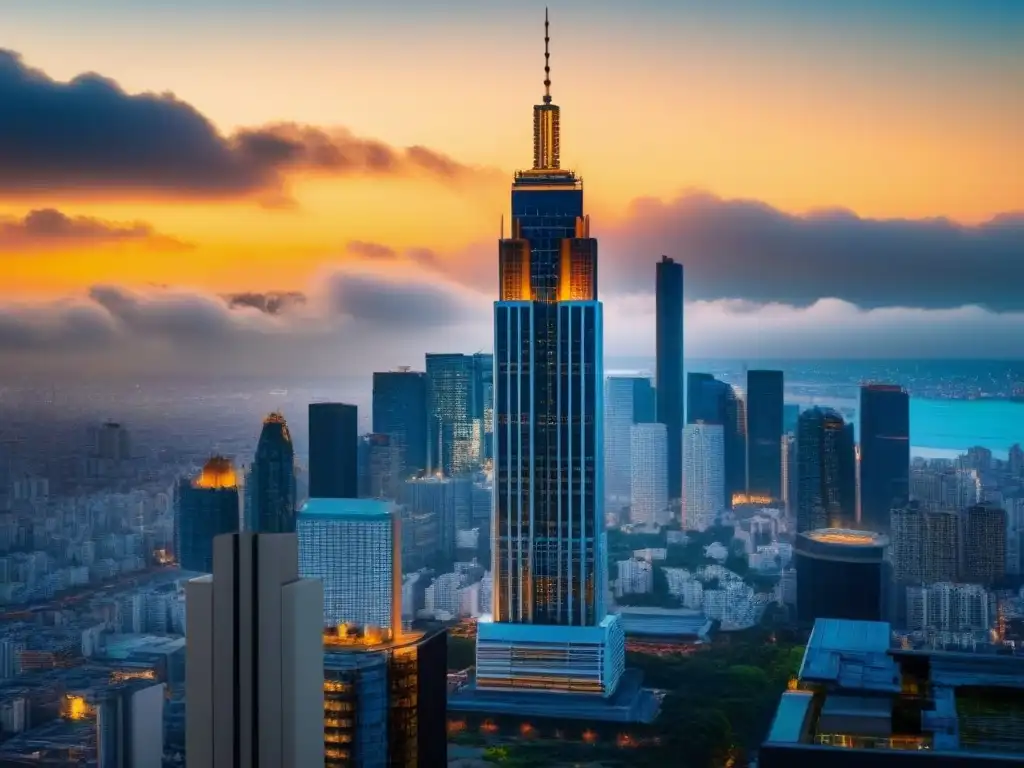 Esplendor urbano: atardecer dorado en rascacielos de cristal Invertir en fondos inmobiliarios internacionales: Edificio moderno de vidrio en vibrante ciudad al atardecer