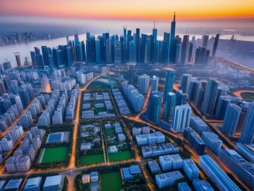 Metrópolis vibrante: arquitectura moderna en un skyline diverso Invierte en fondos inmobiliarios internacionales: vista aérea de una ciudad moderna con rascacielos y naturaleza