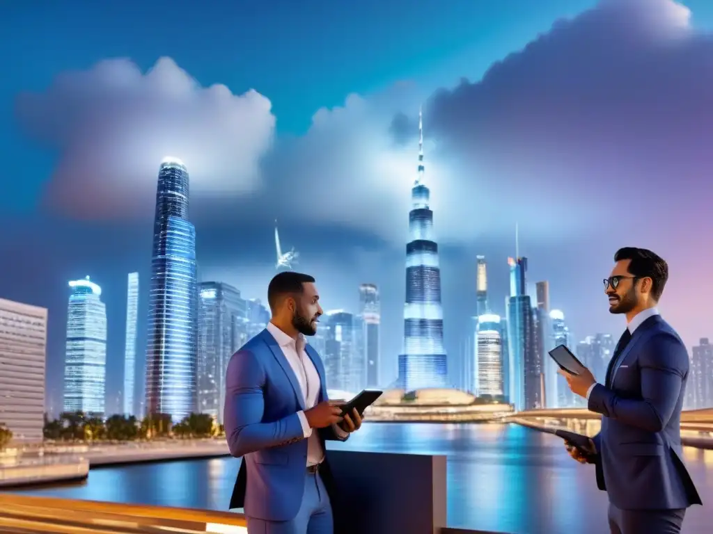 Inversión inmobiliaria global: skyline futurista a 8K Fondos de inversión inmobiliaria internacionales: Ciudad futurista con rascacielos iluminados y profesionales intercambiando tablets al anochecer